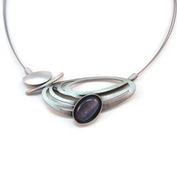 Plum All-silver Elliptical Pendant on Multiwire by POLY